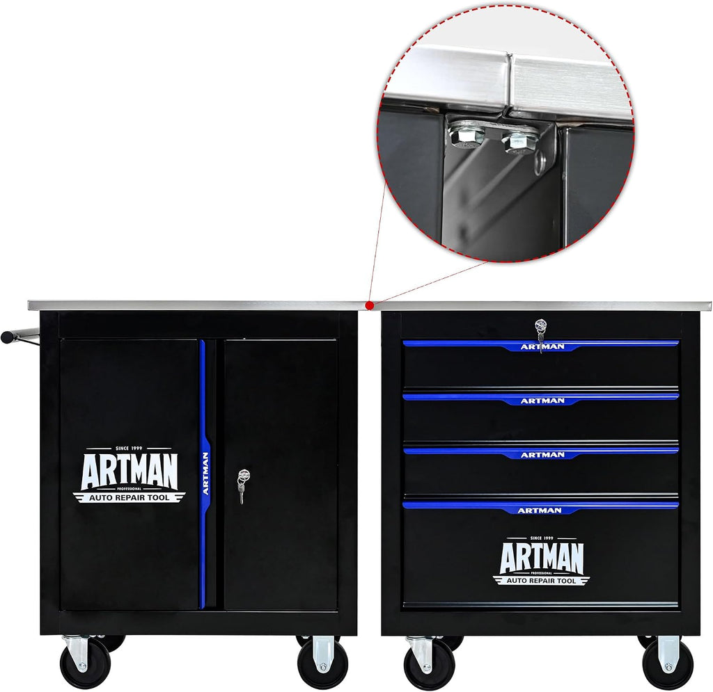 1 Cabinet Tool Cart on Wheels with Stainless Steel Worktop, Heavy Duty Mobile Rolling Drawer Tool Chest with Secure Locking System & Locking Wheels for Garage,Warehouse,Workshop (Black&Blue)