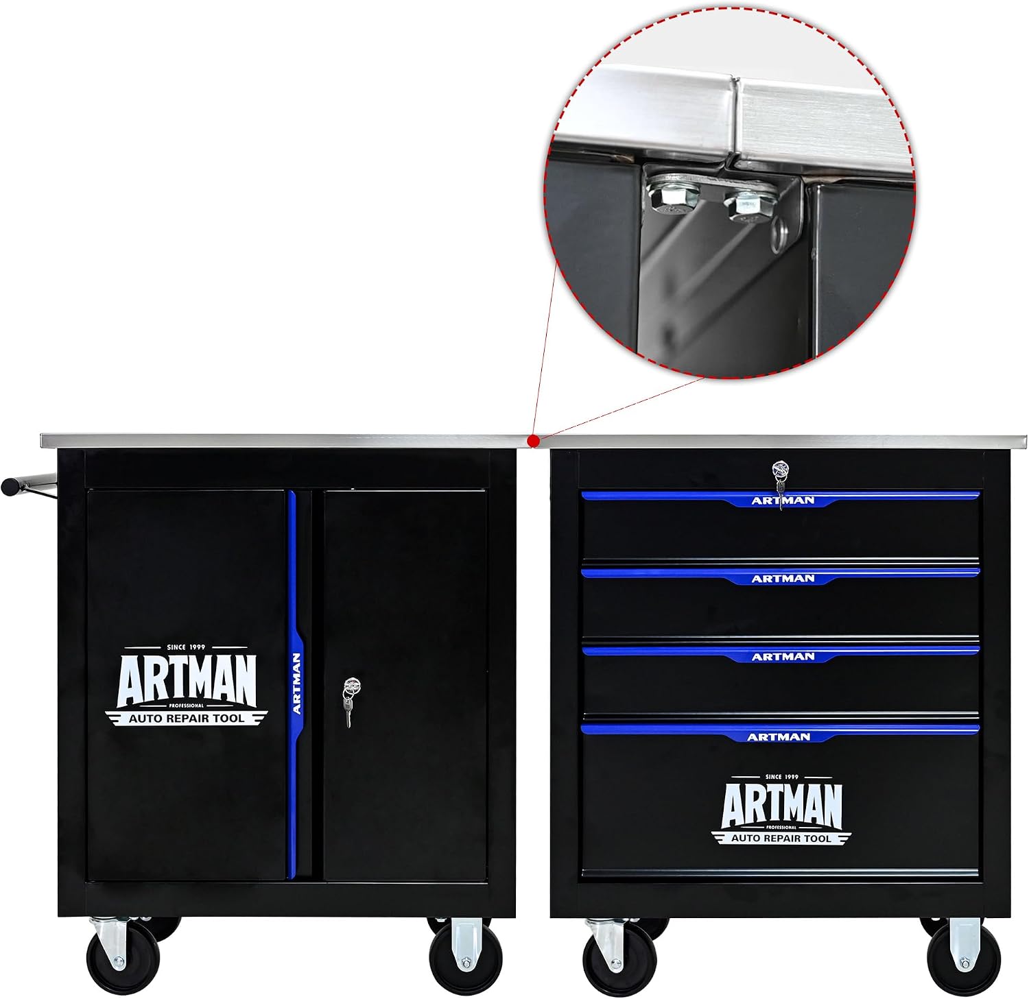 1 Cabinet Tool Cart on Wheels with Stainless Steel Worktop, Heavy Duty Mobile Rolling Drawer Tool Chest with Secure Locking System & Locking Wheels for Garage,Warehouse,Workshop (Black&Blue)
