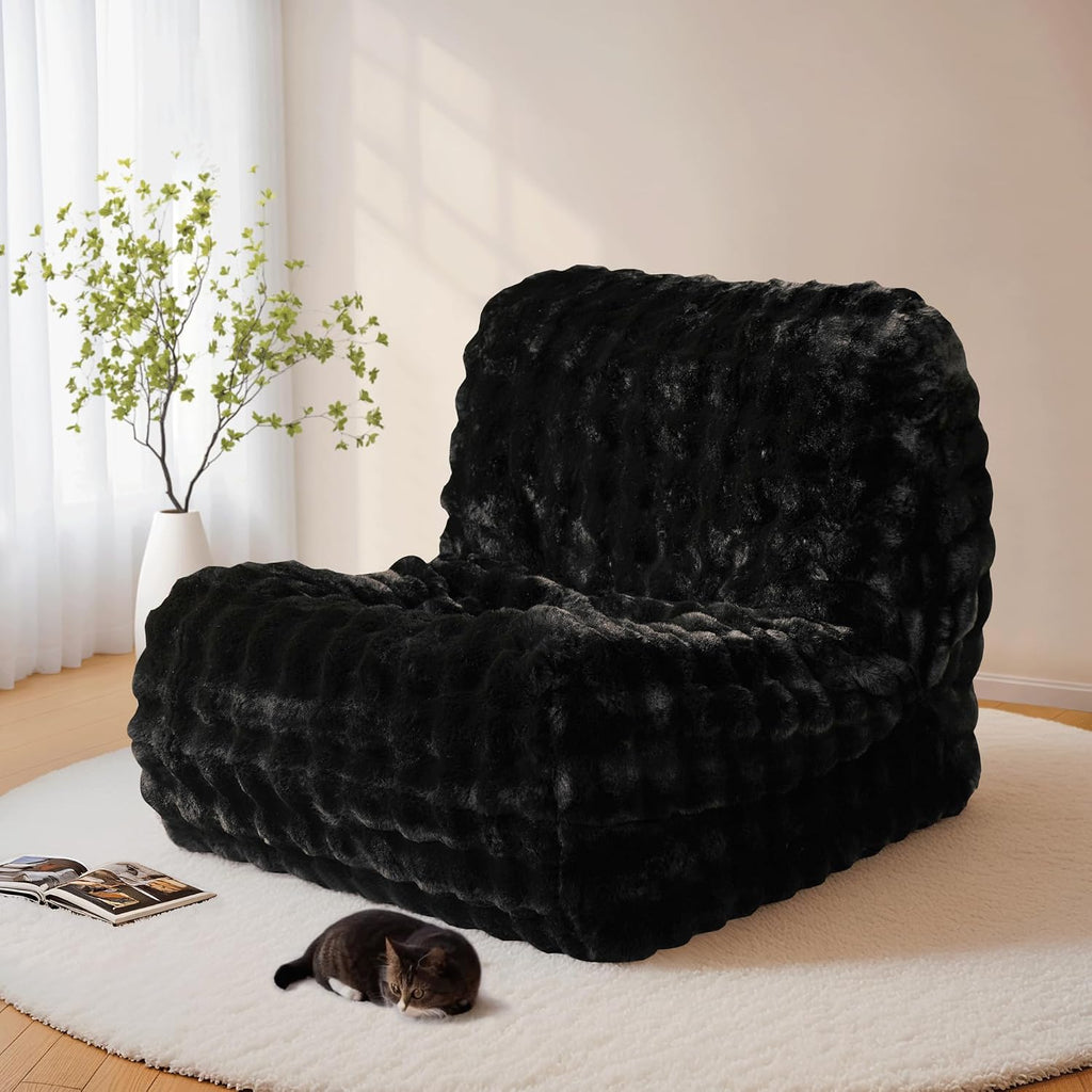 ovios Bean Bag Chair for Adult, Giant Beanbag with Plush Faux Fur, Comfy Large Big Lounger Floor Lazy Chair for Indoor Fireside Living Room Bedroom Dorm, Black
