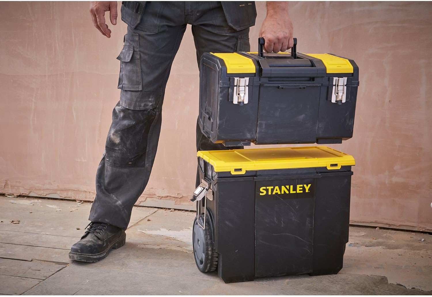 STANLEY 3 in 1 Rolling Work Centre Toolbox with Pull Handle, Detachable Toolbox with Portable Tote Tray, 1-70-326, Black