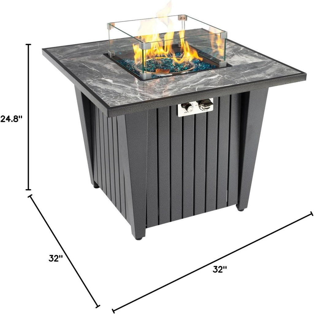 32'' Propane Fire Pit Table, Marble Tile Ceramic Tabletop with Glass Wind Guard, 50,000 BTU Fire Table with Inclined Leg and Art Powder Design, Blue Glass Rocks, Including Lid&Cover, Grey