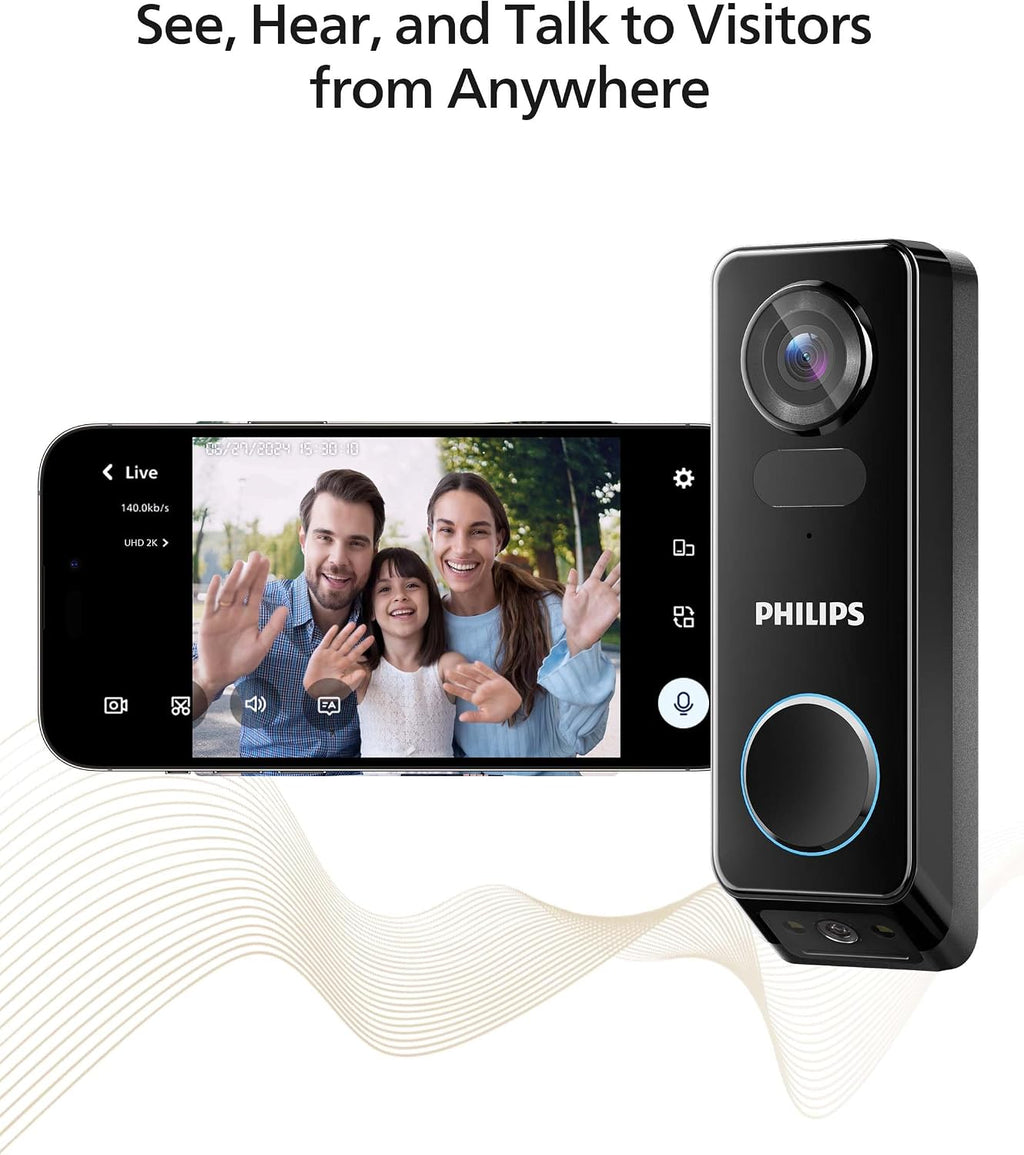 Philips Security Video Doorbell Camera (Chime Included), No Monthly Fee, Dual Cameras 2K QHD with Motion Detection, 2-Way Audio, Supports Alexa & Google Assistant, Battery/Wired Powered