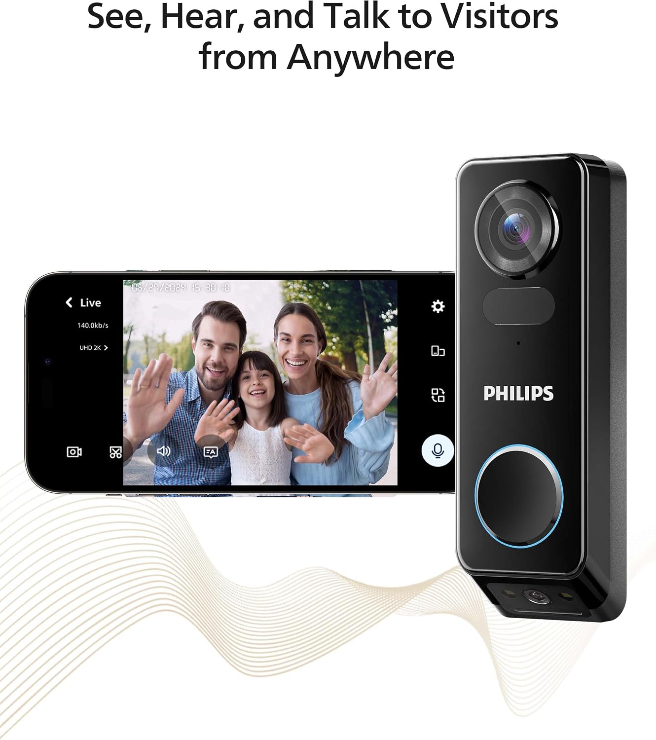 Philips Security Video Doorbell Camera (Chime Included), No Monthly Fee, Dual Cameras 2K QHD with Motion Detection, 2-Way Audio, Supports Alexa & Google Assistant, Battery/Wired Powered