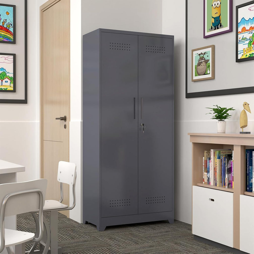 GREATMEET 72.8' H Tall Metal Garage Storage Cabinet for Cleaning Tools, Lockable Double Door Utility Organizer with Pegboard & Tool Hanging Bars, Grey