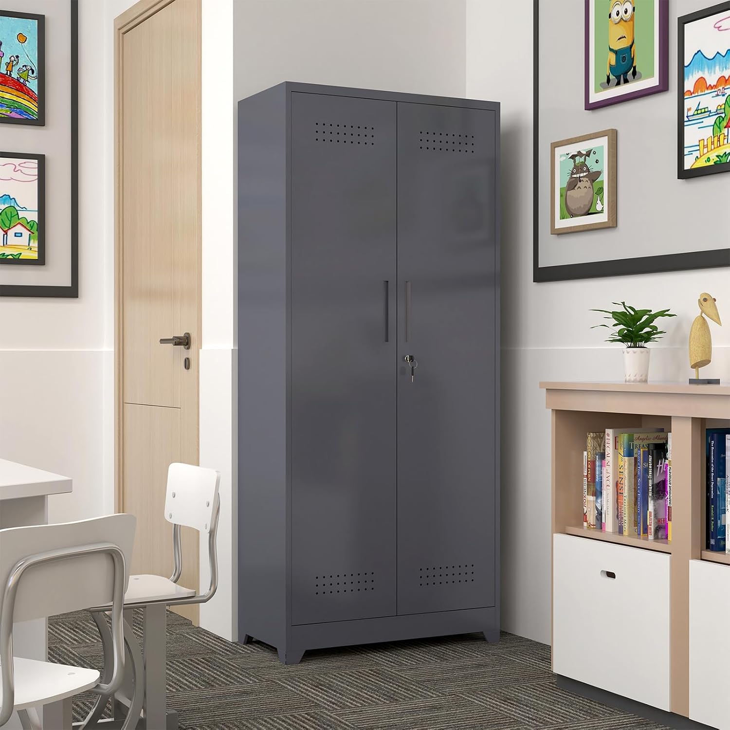 GREATMEET 72.8' H Tall Metal Garage Storage Cabinet for Cleaning Tools, Lockable Double Door Utility Organizer with Pegboard & Tool Hanging Bars, Grey