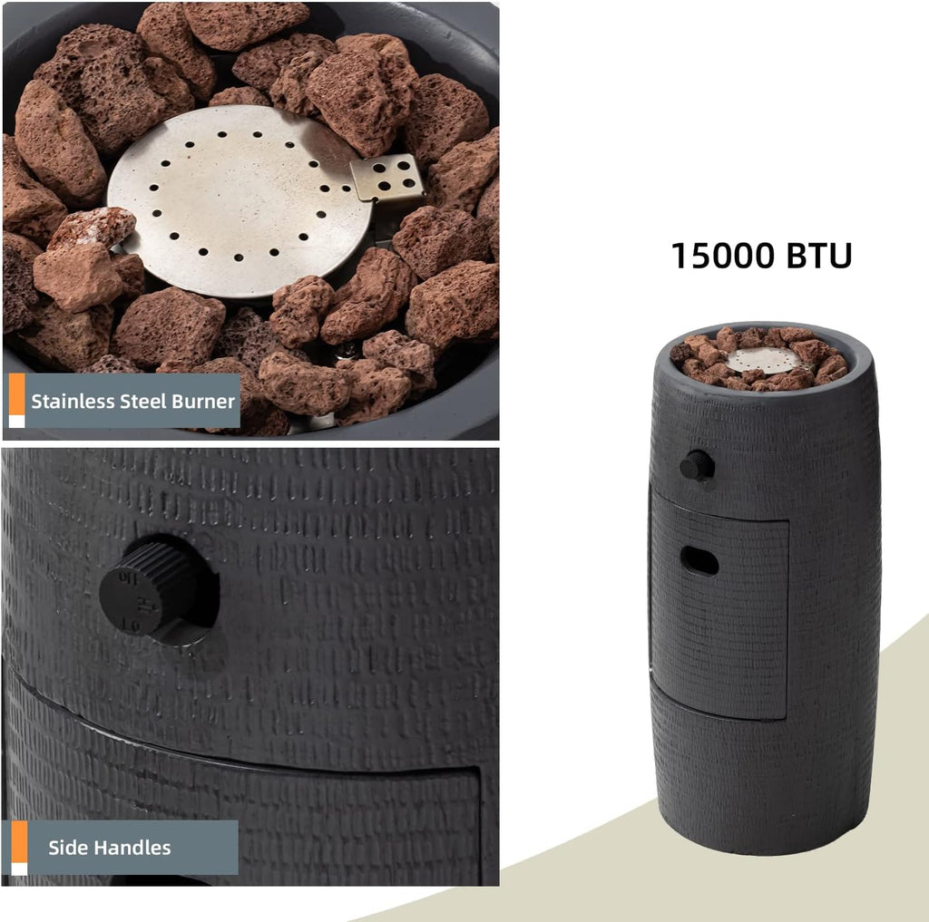 HOMPUS Propane Fire Pit Patio, Portable Concrete Gas Fire Pit for Outdoor Leisure Party, 15,000 BTU 11-inch Round Column Small with Lava Rocks and Rain Cover for Deck or Backyard, CSA Certified, Grey