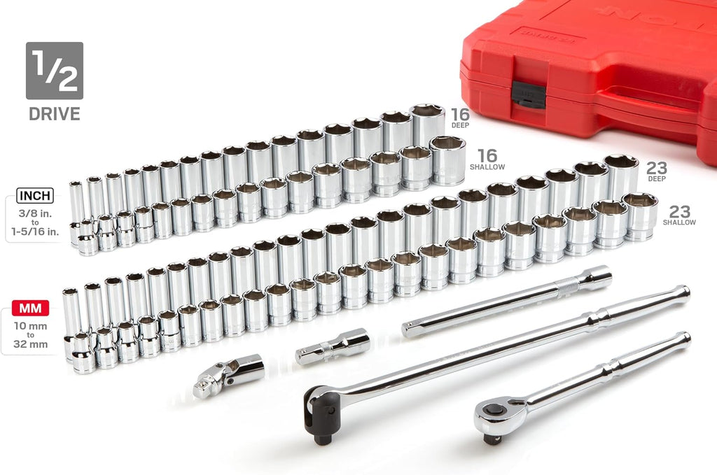 TEKTON 1/4, 3/8, 1/2 Inch Drive Shallow and Deep 6-Point Socket and Ratchet Set with Cases, 212-Piece (5/32-1-5/16 in., 4-32 mm) | SKT95304