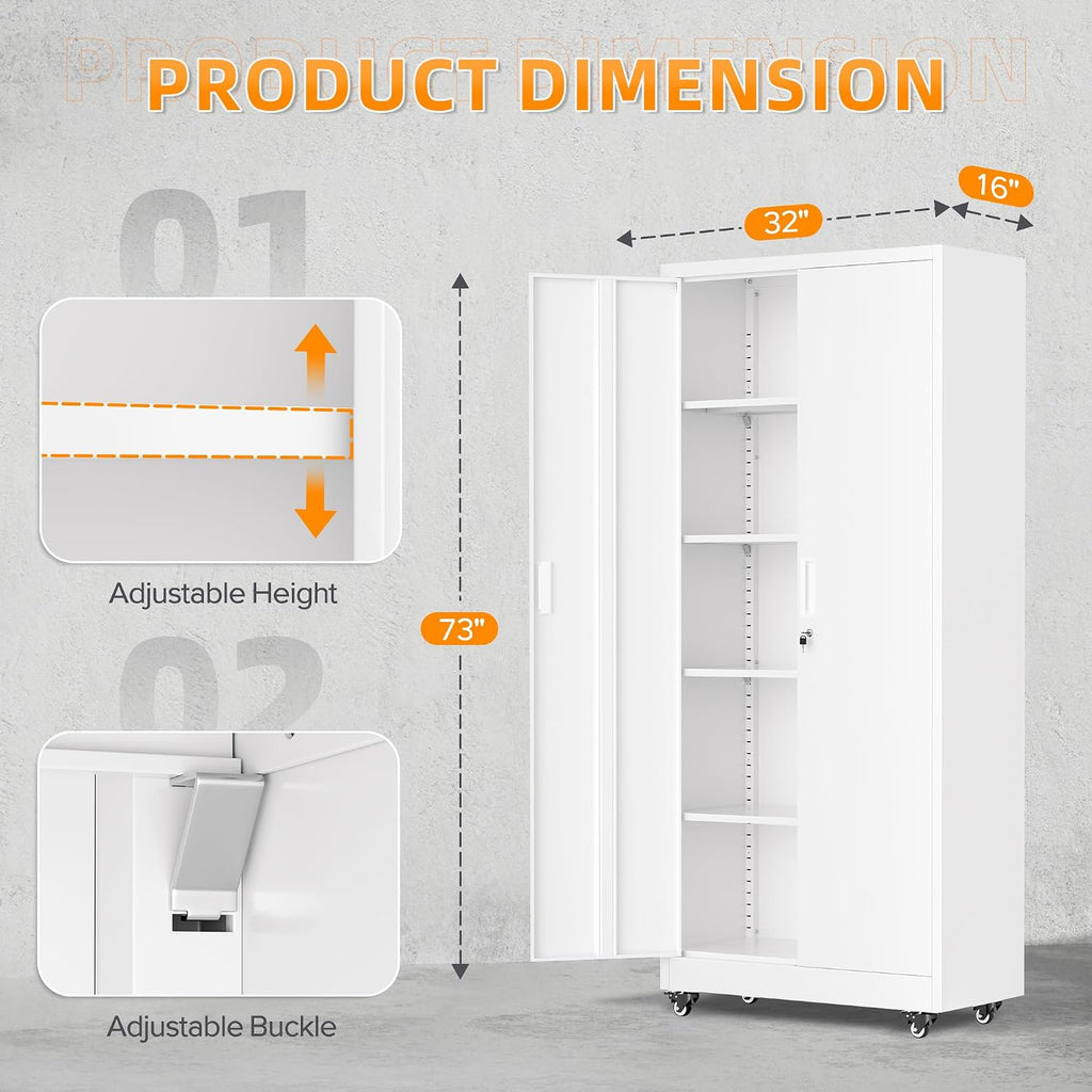 Superday 72' Metal Cabinet with Wheels, Lockable Steel Utility Cabinet with 2 Doors and 4 Adjustable Shelves, Tall Storage Cabinets for Garage, Home Office, Kitchen Pantry, Living Room, White