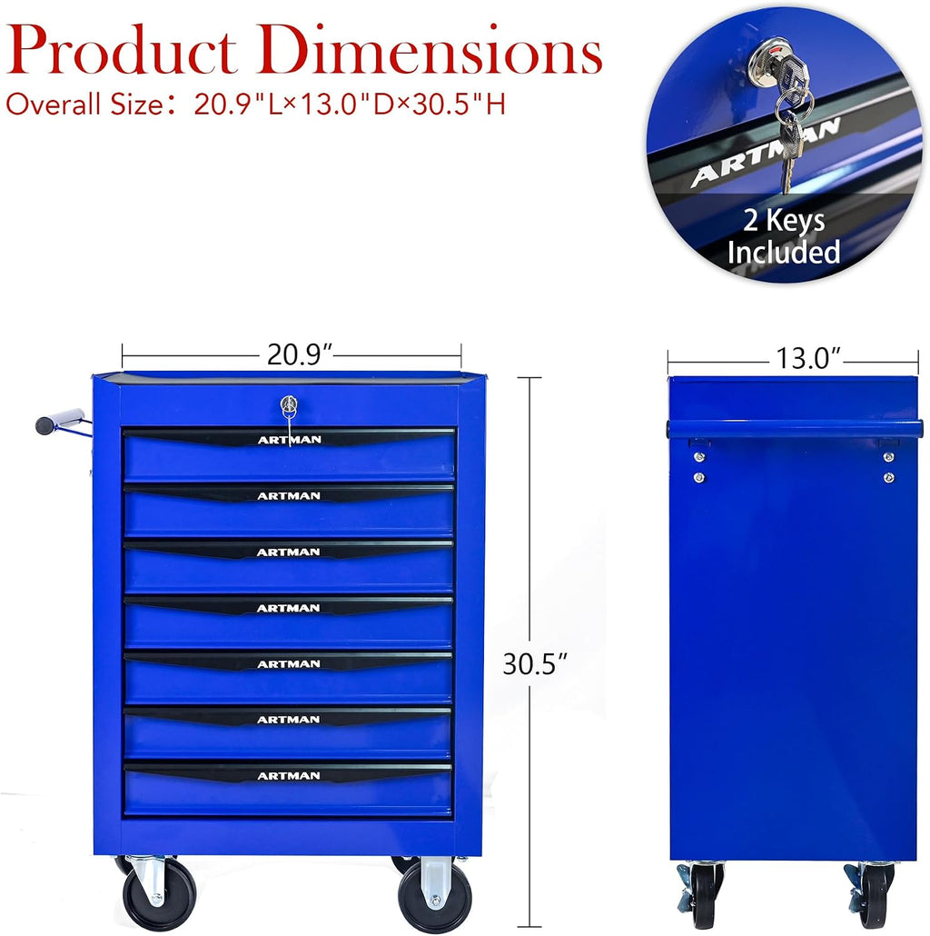Rolling Tool Box with Wheels, Mechanics Tool Chest with 7 Drawers, Tool Box Organizer with 7 Tool Storage Boxes, Lockable Tool Storage Cabinet for Home Garage Workshop Warehouse Repair Shop, Blue