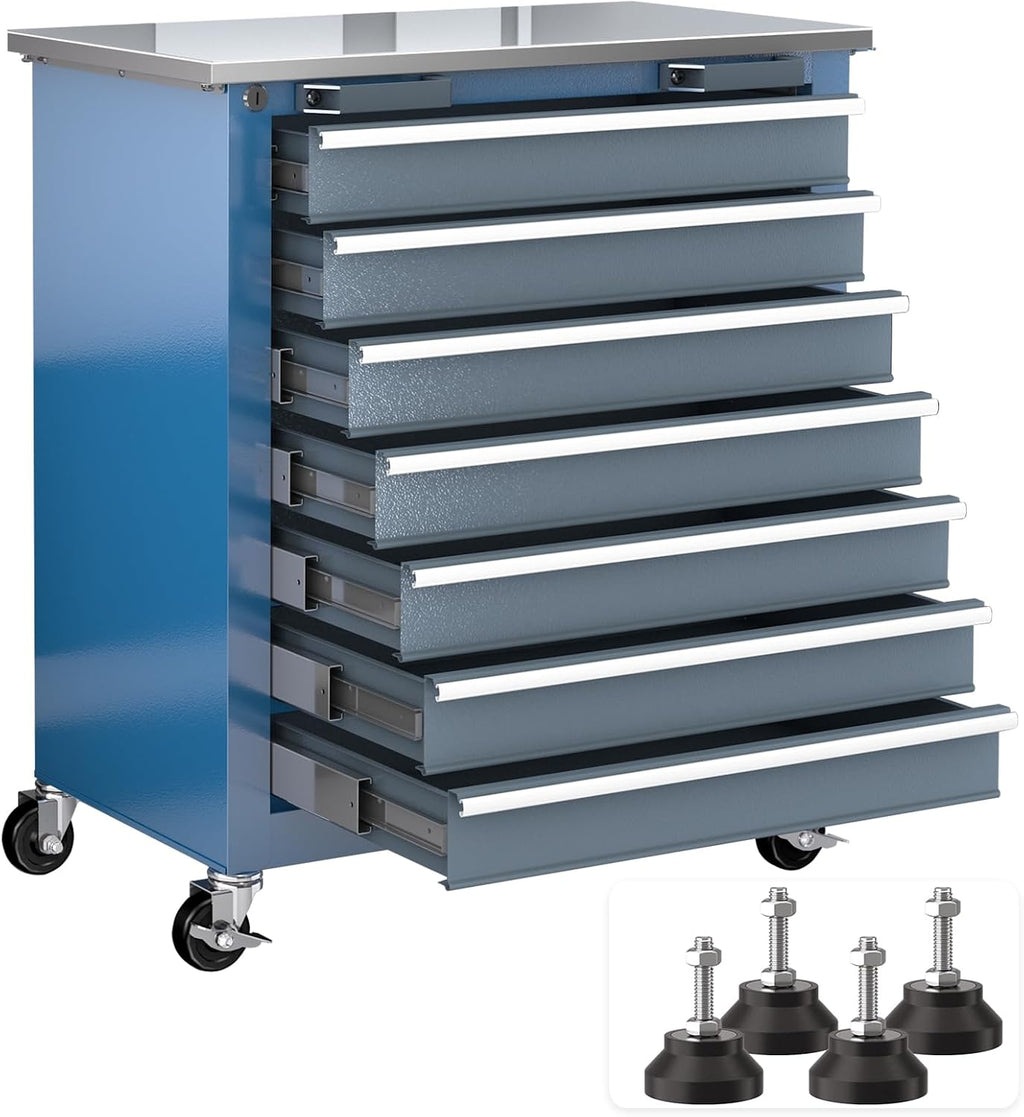 LARBANKE 7-Drawer Rolling Tool Chest with Stainless Steel Countertop,Tool Chest with Secure Locking System,Tool Cabinet with 360°Wheels and Padded Feet,for Home, Garage and Office