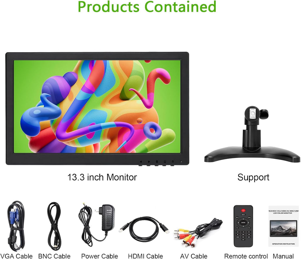 OSCY 13.3 Inch Small Monitor Support HDMI/VGA/USB/BNC/AV Mini Monitor 1366x768 for CCTV Raspi PC Gaming TV, with Remote Control and Built in Dual Speaker