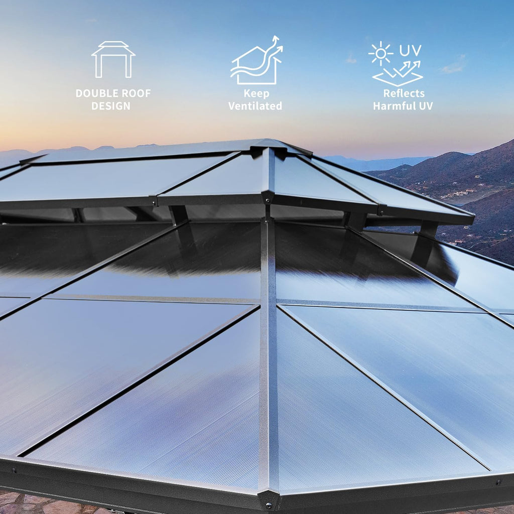 YOLENY 12'x16' Hardtop Gazebo, Outdoor Polycarbonate Double Roof Canopy, Aluminum Frame Permanent Pavilion with Curtains and Netting, Sunshade for Garden, Patio, Lawns