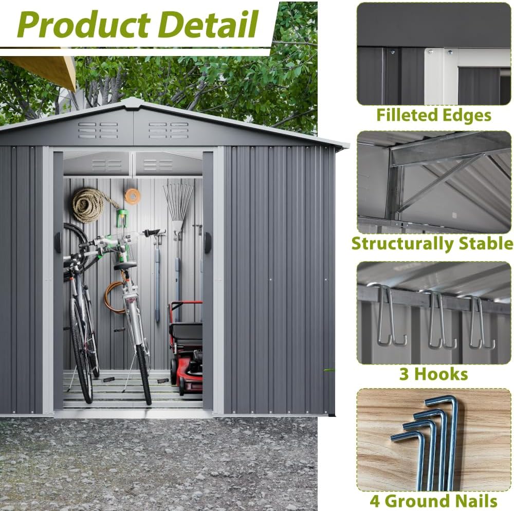 Large Outdoor Storage Shed 10x12 FT, Heavy-Duty Metal Garden Tool Organizer with Lockable Doors and Weather-Resistant Roof for Backyard (8x6 ft Grey with Floor Frame)
