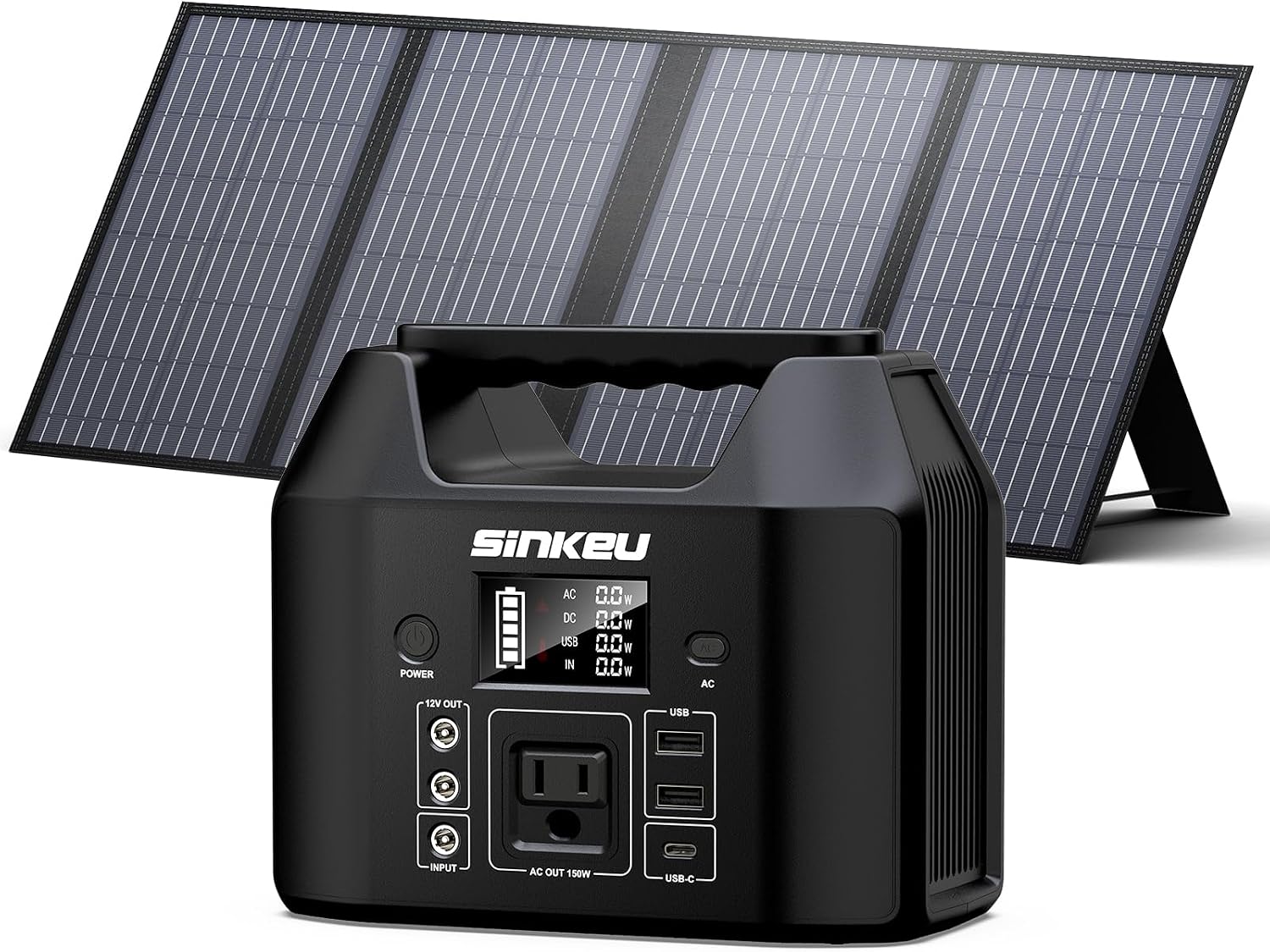 SinKeu 122.8Wh Portable Power Station with 60W Solar Panel, LiFePO4 Battery Solar Generator for Home Use, 150W Power Bank with AC Outlet for Camping, RV, Emergency Backup