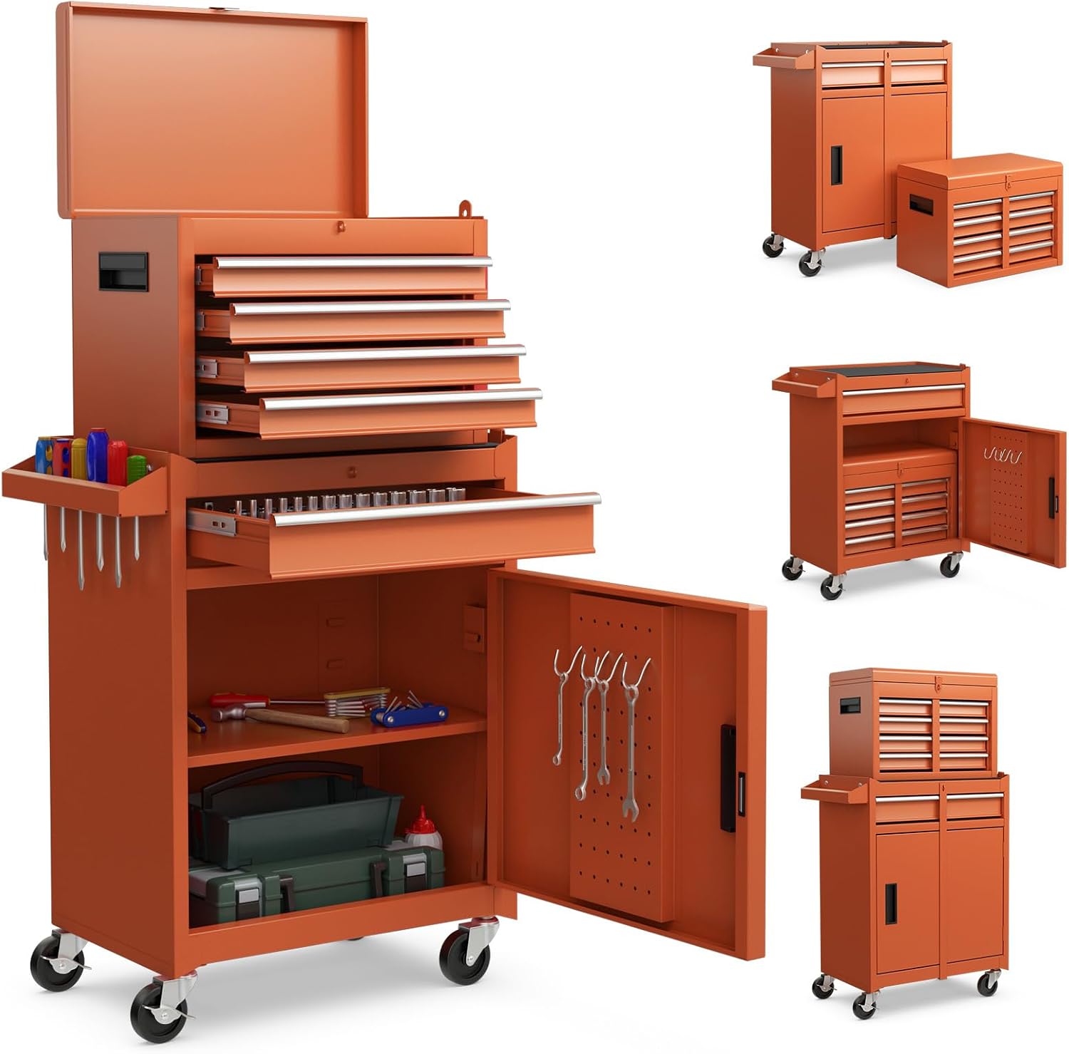 IRONMAX Rolling Tool Chest, 5-Drawer Lockable Tool Cabinet w/Adjustable Shelf & 4 Universal Wheels, 2 in 1 Detachable Tool Box Storage Organizer for Garage Workshop Repair Shop, Orange