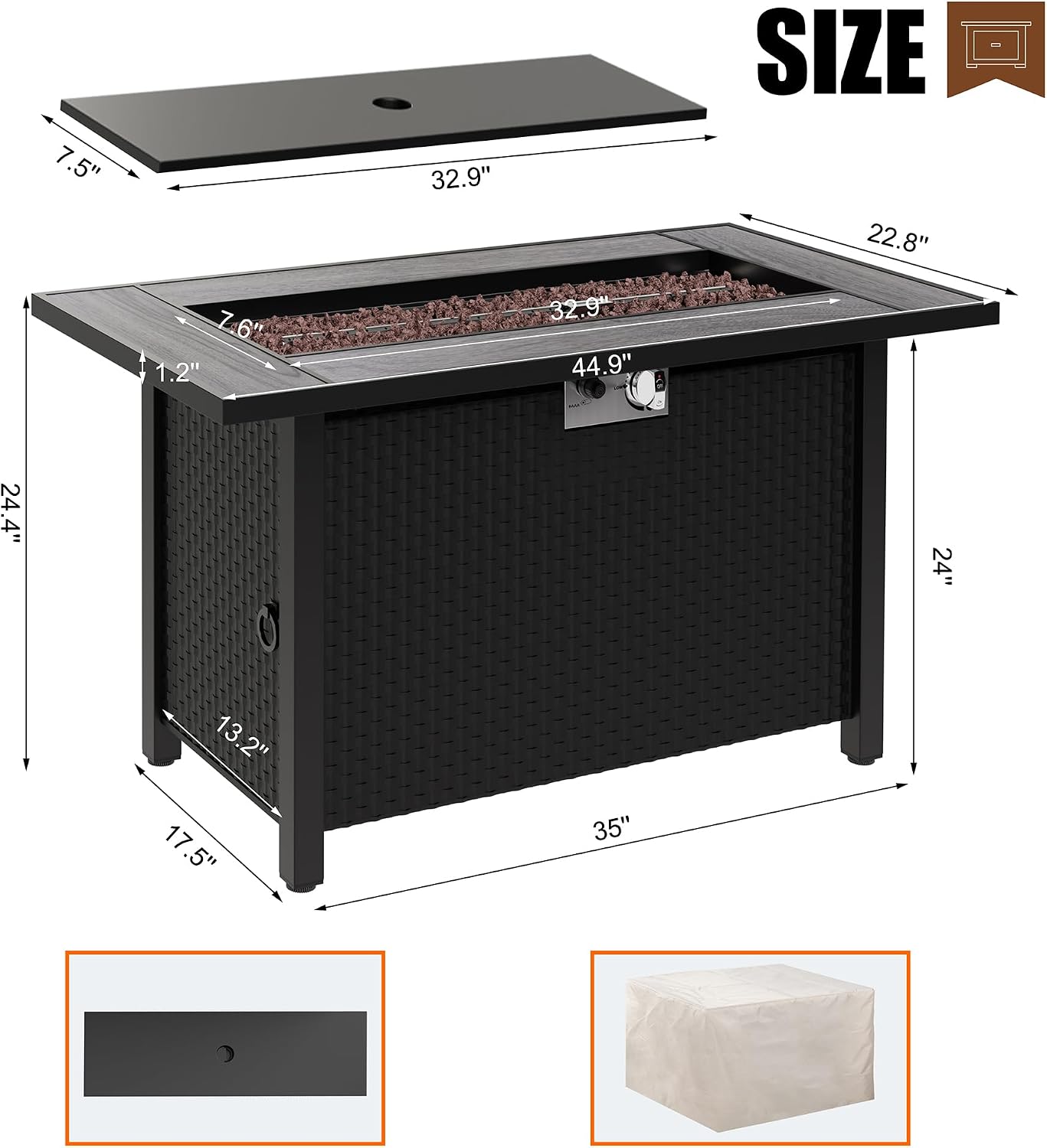 45 inch Propane Fire Pit Table, 50,000 BTU Outdoor Gas Fire Pit Table with Lid, Waterproof Cover, Rectangle Gas Firepit Table for Garden/Patio
