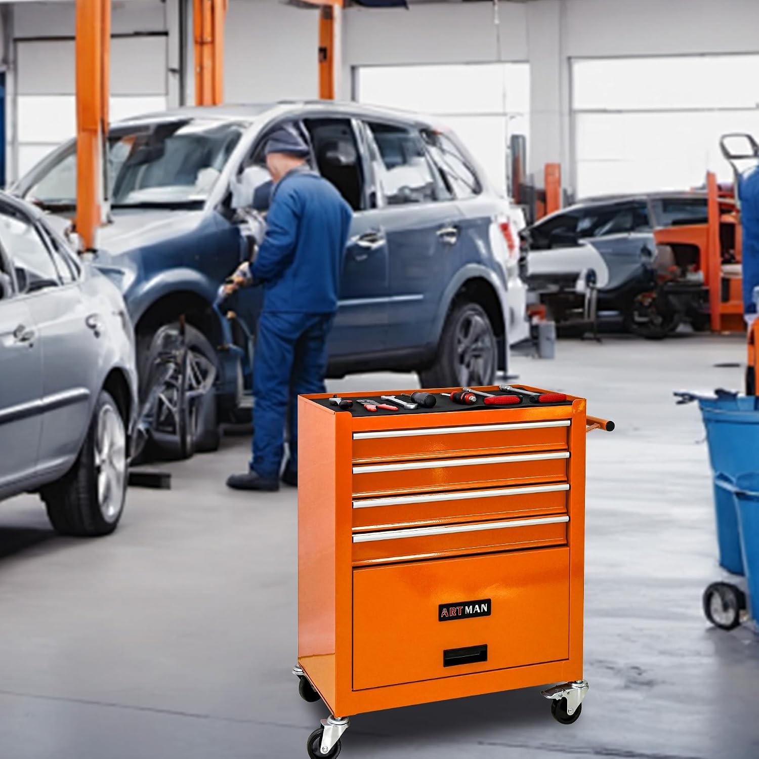4 Drawers Tool Cart on Wheels, 4 Drawer Rolling Tool Chest, Trolley Organizer Tool Box Tool Case with 1 Cabinet, Multifunctional Tools Case for Garage,Warehouse,Workshop,Repair Shop (Orange)