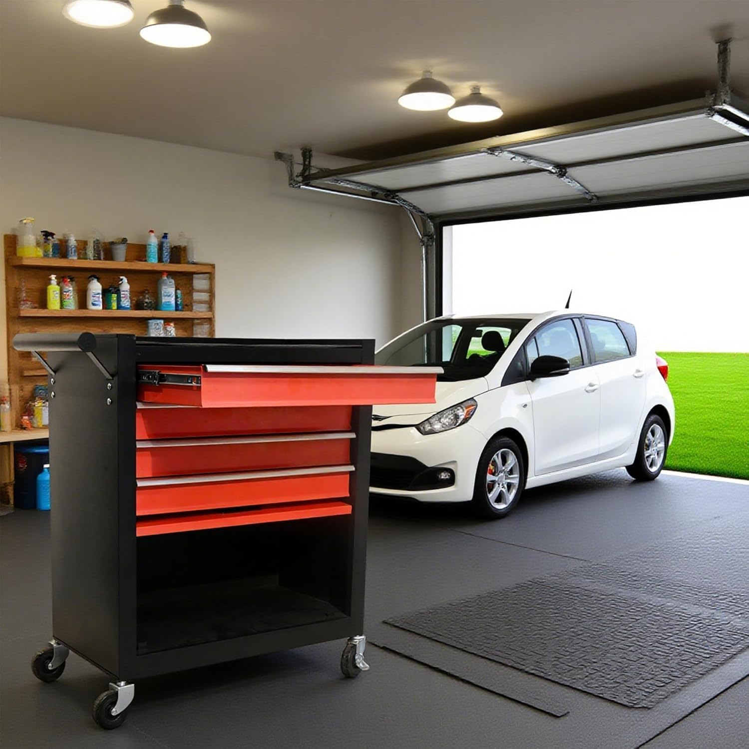 4 Drawers Metal Rolling Tool Chest on Wheels, Lockable Organizer ToolBox Tool Cart with 1 Cabinet, Multifunctional Large Capacity Trolley Tool Storage Case for Garages & Repair Shop (Black+Red)