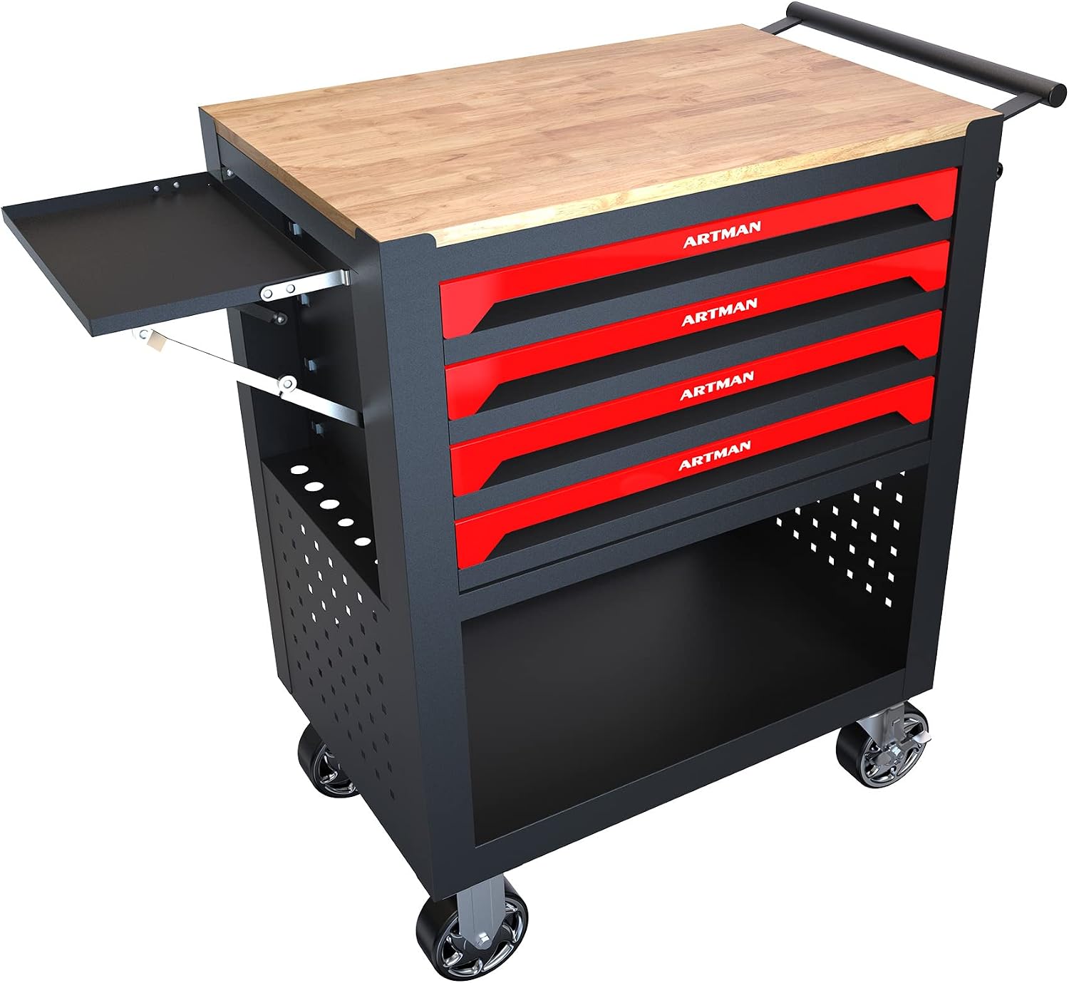 4 Drawers Tool Chest on Wheels,Tool Storage Cart with Wooden Top,Drawers Rolling Tool Box Organizer Tool Case with Lock for Garage,Warehouse,Workshop,Repair Shop (4 Drawers-35.4'H-Black&Red)