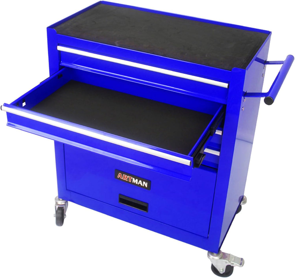 4 Drawers Rolling Tool Chest Cart. Tool Storage Cabinet with 4 Wheels.Tool Cabinet Trolley with Locking System and Drawer Liners.Tool Storage Cart for Garage,Workshop.Toolbox Cart-Blue Plus