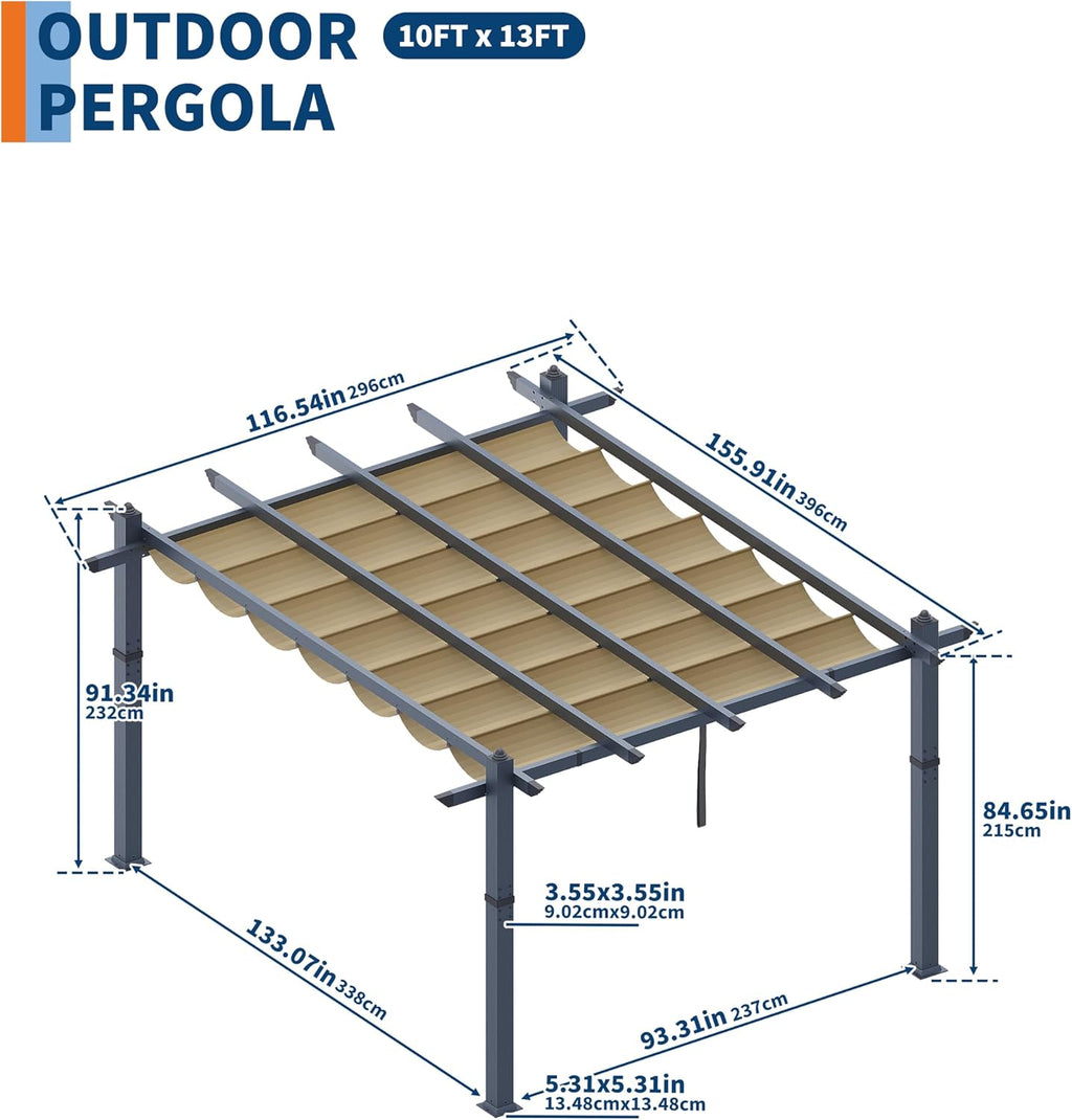 GarveeLife 10x13 ft Aluminum Pergola with Adjustable Canopy Sun Shade, Outdoor Metal Pergola Reinforced Frame Shelter for Patio, Backyard, Garden, and Deck - Khaki