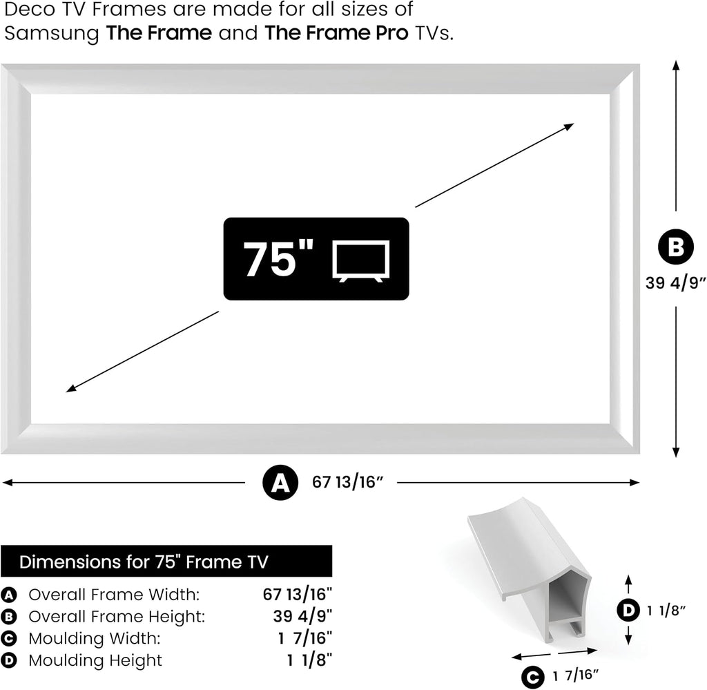 Pure White Prismatic 75' Alloy Deco TV Frame - Compatible ONLY with Samsung The Frame TV and Pro TVs (Fits 2021-2026, LS03A, LS03B,LS03C,LS03D,LS03FA,LS03FW)