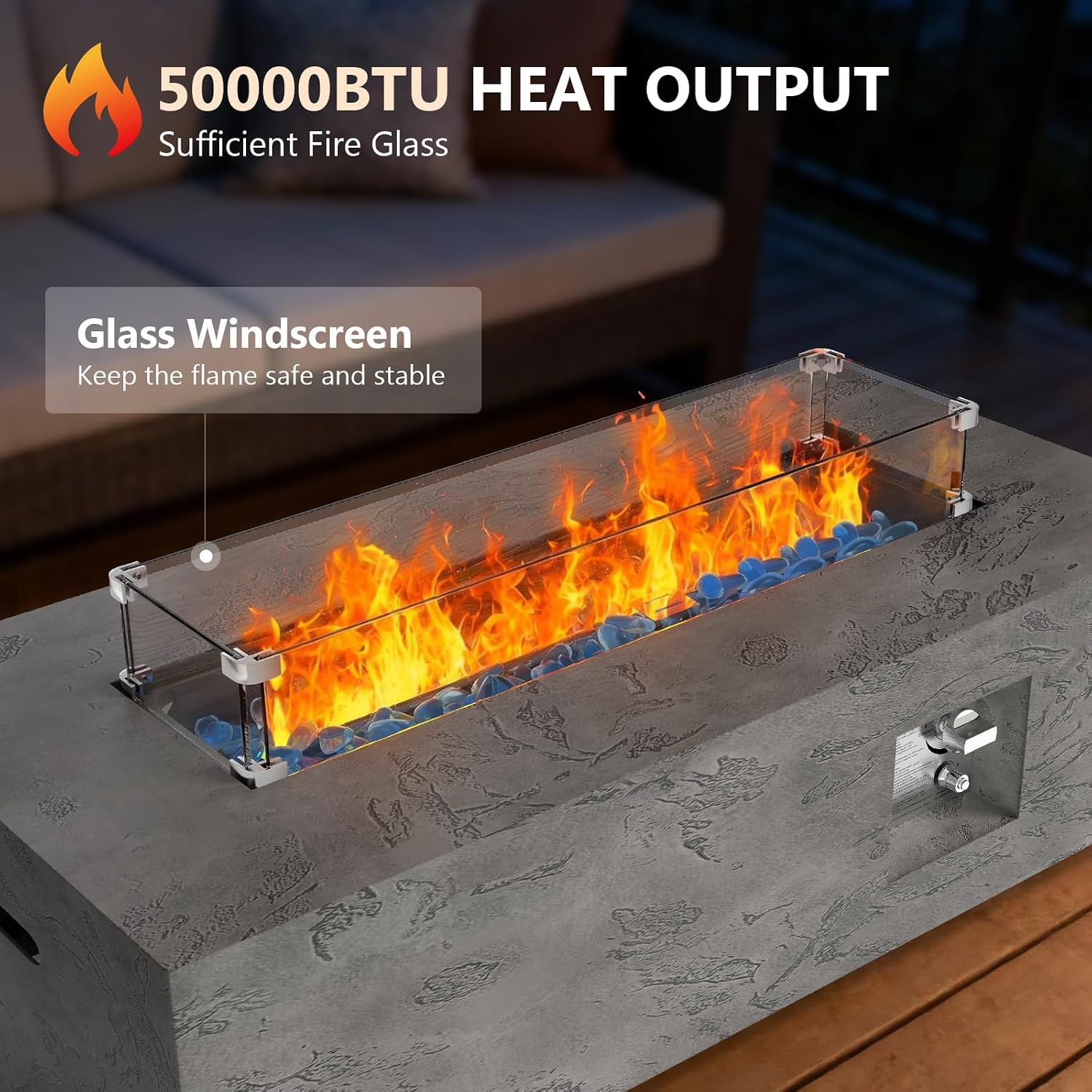 Dineli 2-Piece Outdoor Propane Fire Pit Table Set w Tank Table 42'' Rectangular Firepit with 50,000 BTU Output Gas Fire Pits for Outside Patio Fire Table Tabletop Fire Pits, Gray- Rock Veins