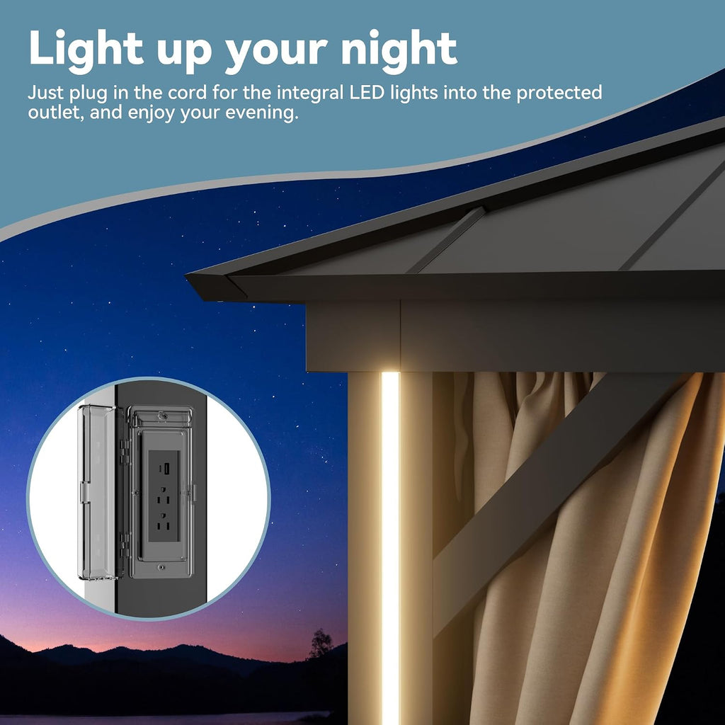 Big Leaf 12' x 14' Hardtop Gazebo with LED Strip Lights – Galvanized Steel Double Roof, USB and USB-C connectors, Mosquito Netting and Curtains – Outdoor Metal Gazebo for Decks and Backyards, Black