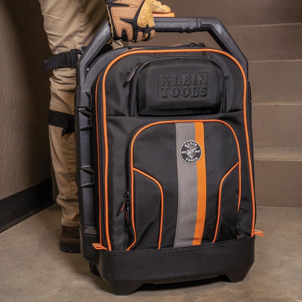 Klein Tools 55604 Rolling Tool Backpack, Tool Bag with 28 Pockets, Heavy Duty Retractable Handle, Large Storage Interior, 3-Inch Wheels