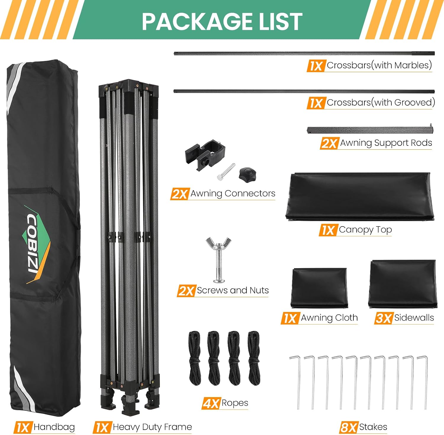 COBIZI 10x10 Pop Up Canopy Tent with Awning & Sidewalls, Heavy Duty Commercial 10X10 Canopy Tents Instant Waterproof, UPF 50+ Sun Shade for Outdoor, Parties, Markets (Black)