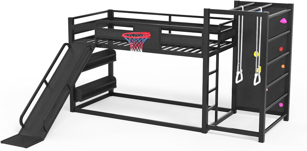 SOFTSEA Twin XL Metal Loft Bed with Slide & Basketball Hoop, Heavy Duty Bunk Bed with Storage Shelves, Climbing Wall & Pull Up Rings, Playful Basketball Slide Bed Frame, Black