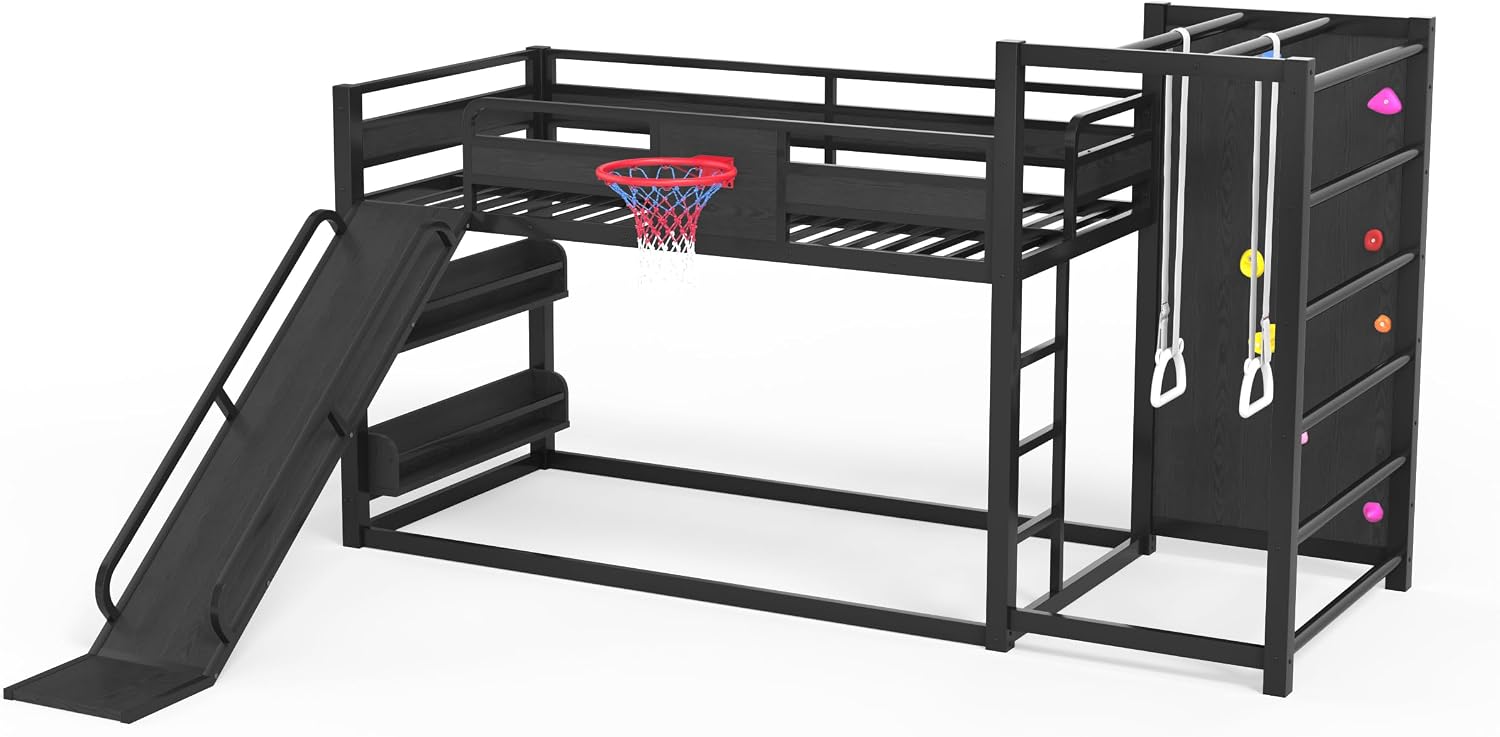 SOFTSEA Twin XL Metal Loft Bed with Slide & Basketball Hoop, Heavy Duty Bunk Bed with Storage Shelves, Climbing Wall & Pull Up Rings, Playful Basketball Slide Bed Frame, Black