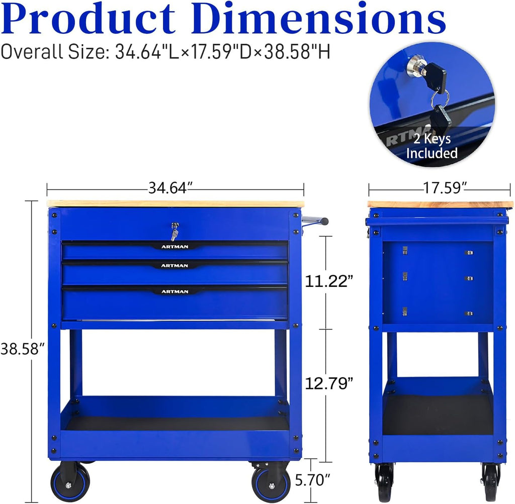 Rolling Cart With 3-Drawer Utility Box, Wheels, Wood Top - Mechanic Storage Organizer Cabinet for Garage, Warehouse, Workshop, Repair Shop - Blue