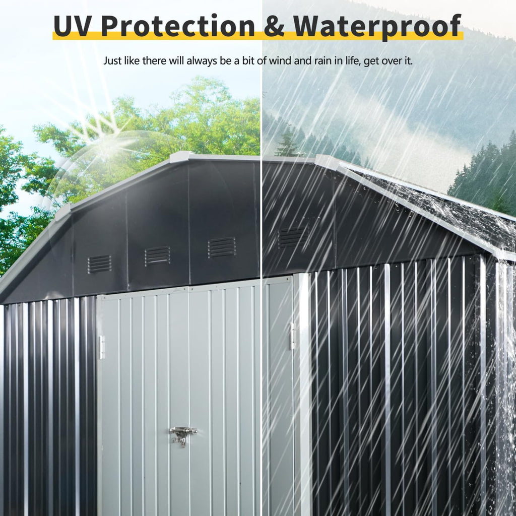 10 ft x 12 Outdoor Metal Storage Shed with Arch Roof Lockable Doors for Backyard Garden Patio Lawn, Black Iron Strong and Steel Design Lawn