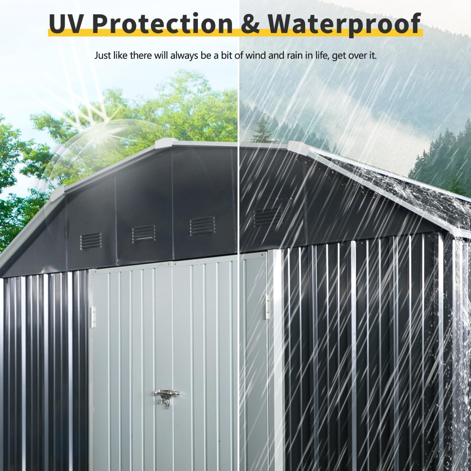 10 ft x 12 Outdoor Metal Storage Shed with Arch Roof Lockable Doors for Backyard Garden Patio Lawn, Black Iron Strong and Steel Design Lawn