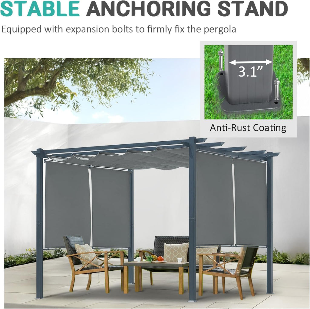 10 x 10 Ft Outdoor Aluminum Pergola, Retractable Canopy & 2 Sides Shades for Patio Backyard Garden Deck