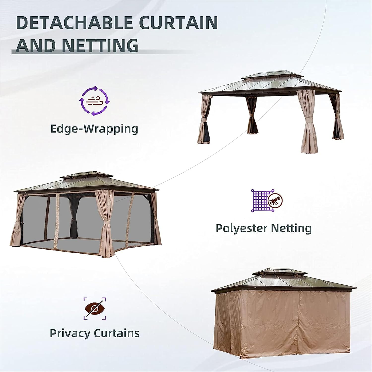 12x16Ft Hardtop Gazebo Wood-Looking Aluminum Frame Patio Gazebos with Polycarbonate Double Roof Permanent Gazebo Pavilion with Curtain and Netting for Garden Patio Lawns Deck Backyard