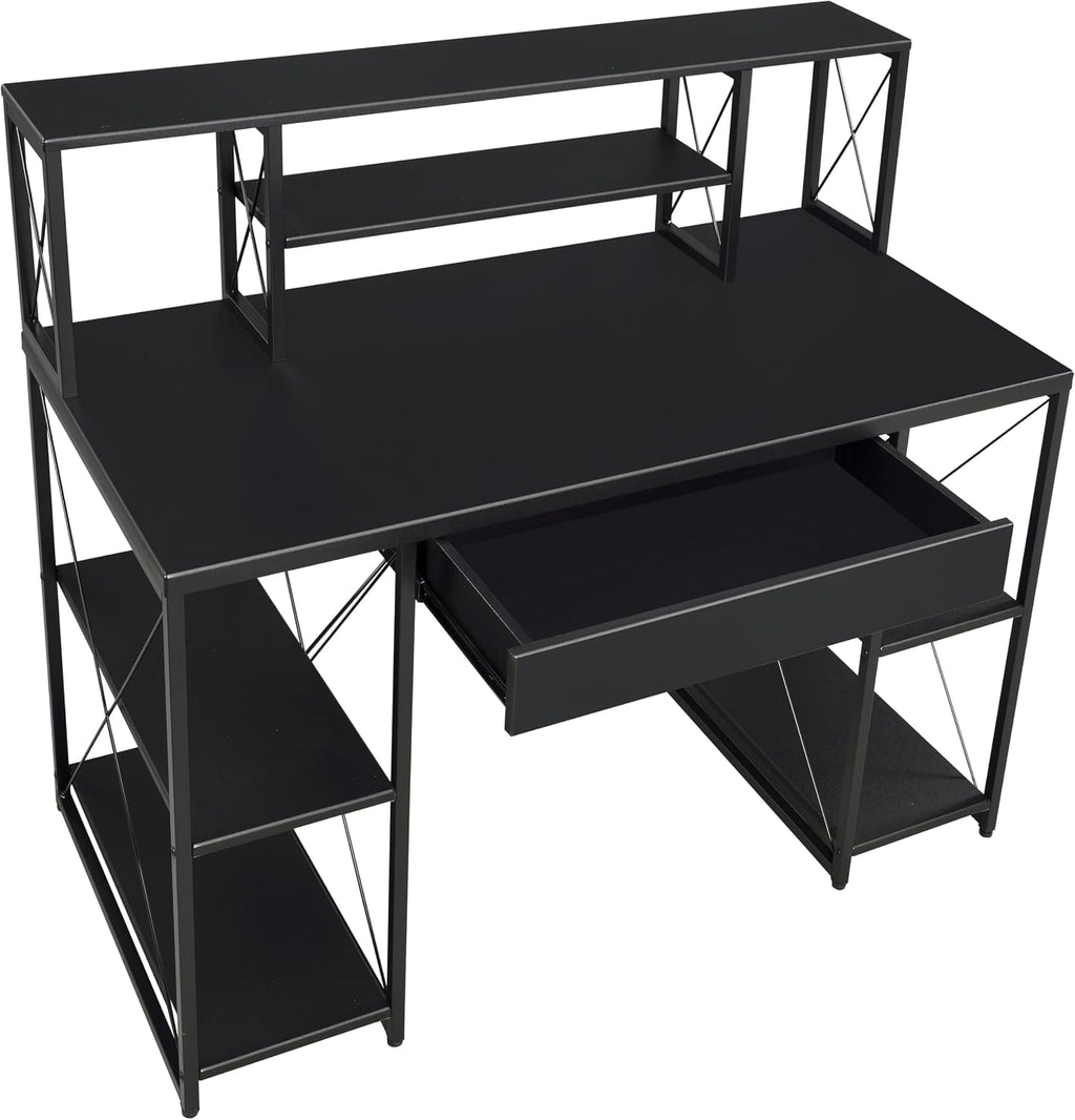 Modern Computer Desk with Hutch and Open Shelves, Foldable Adjustable Portable Gaming Study Desk Table with Wheels for Bedroom Office Student Sturdy Furniture,Black-Wood