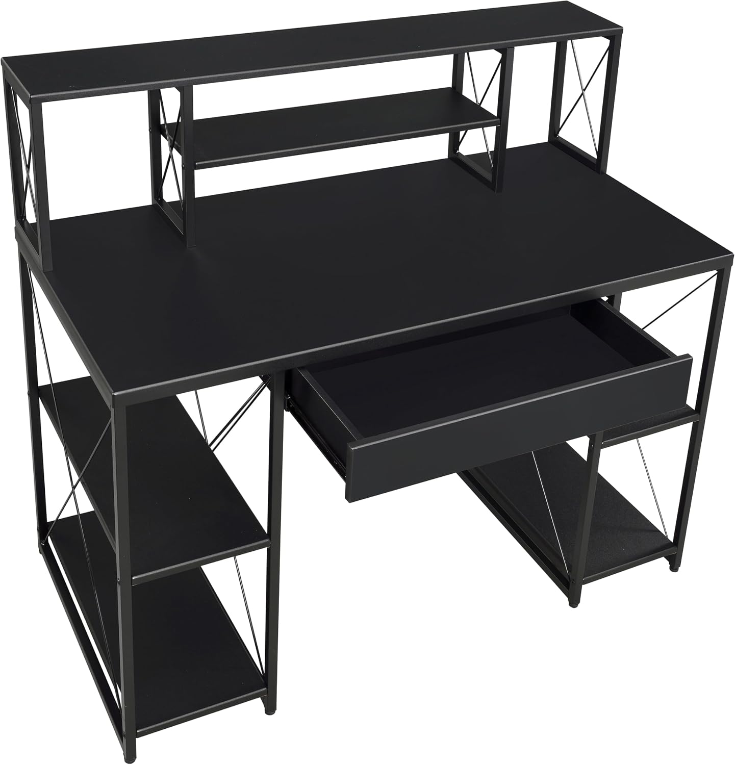 Modern Computer Desk with Hutch and Open Shelves, Foldable Adjustable Portable Gaming Study Desk Table with Wheels for Bedroom Office Student Sturdy Furniture,Black-Wood