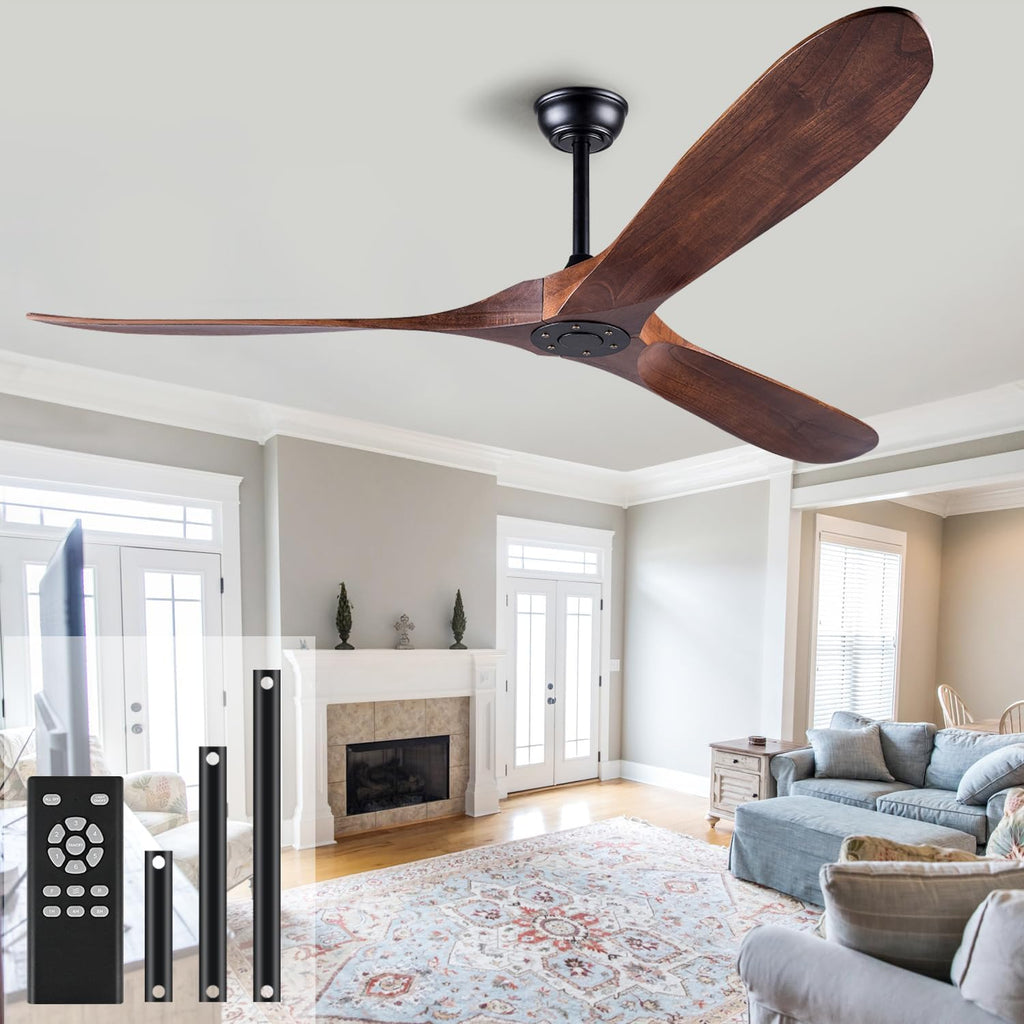 60 Inch Ceiling Fan Without Light ，Wood Indoor Outdoor Ceiling Fans No Light for Patios Living Room Bedroom Porch Big Ceiling Fan for Flat Sloped Ceiling(Walnut)