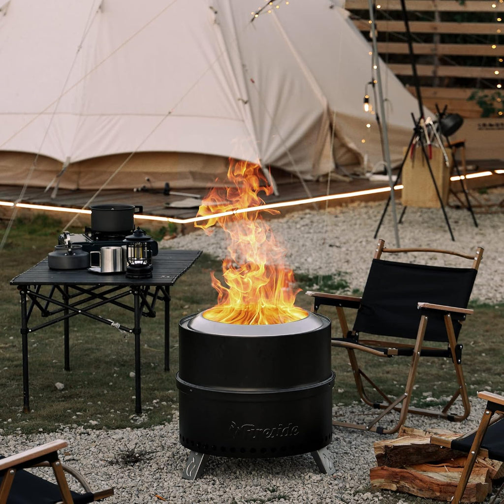 TURBRO 19 Inch Smokeless Fire Pit for Outdoor Wood Burning, Portable Stainless Steel Camping Stove with Stand, Removable Ash Pan, Waterproof Storage Bag, Unique Nested Design, Pluto R19-PG, Black