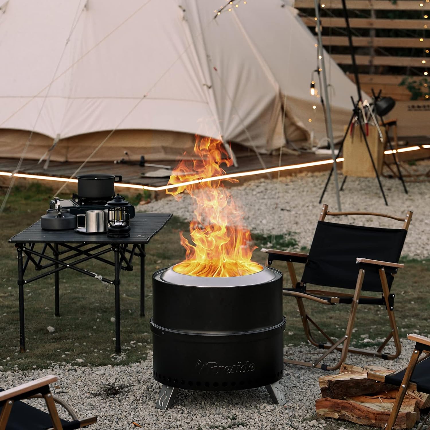 TURBRO 19 Inch Smokeless Fire Pit for Outdoor Wood Burning, Portable Stainless Steel Camping Stove with Stand, Removable Ash Pan, Waterproof Storage Bag, Unique Nested Design, Pluto R19-PG, Black