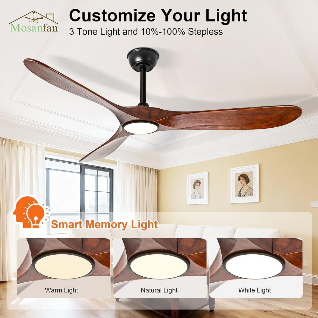 60 Inch Ceiling Fans with Lights and Remote, Wood Outdoor Ceiling Fan with 6 Speed Noiseless DC Motor, Indoor Modern 3 Blade Propeller Ceiling Fan for Bedroom Living Room Gazebo Patio(Walnut)
