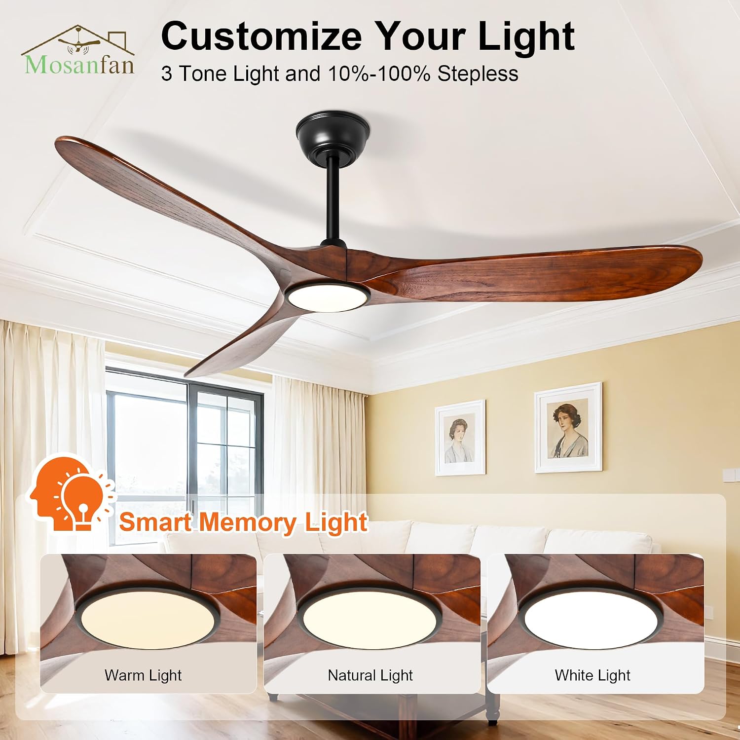 60 Inch Ceiling Fans with Lights and Remote, Wood Outdoor Ceiling Fan with 6 Speed Noiseless DC Motor, Indoor Modern 3 Blade Propeller Ceiling Fan for Bedroom Living Room Gazebo Patio(Walnut)