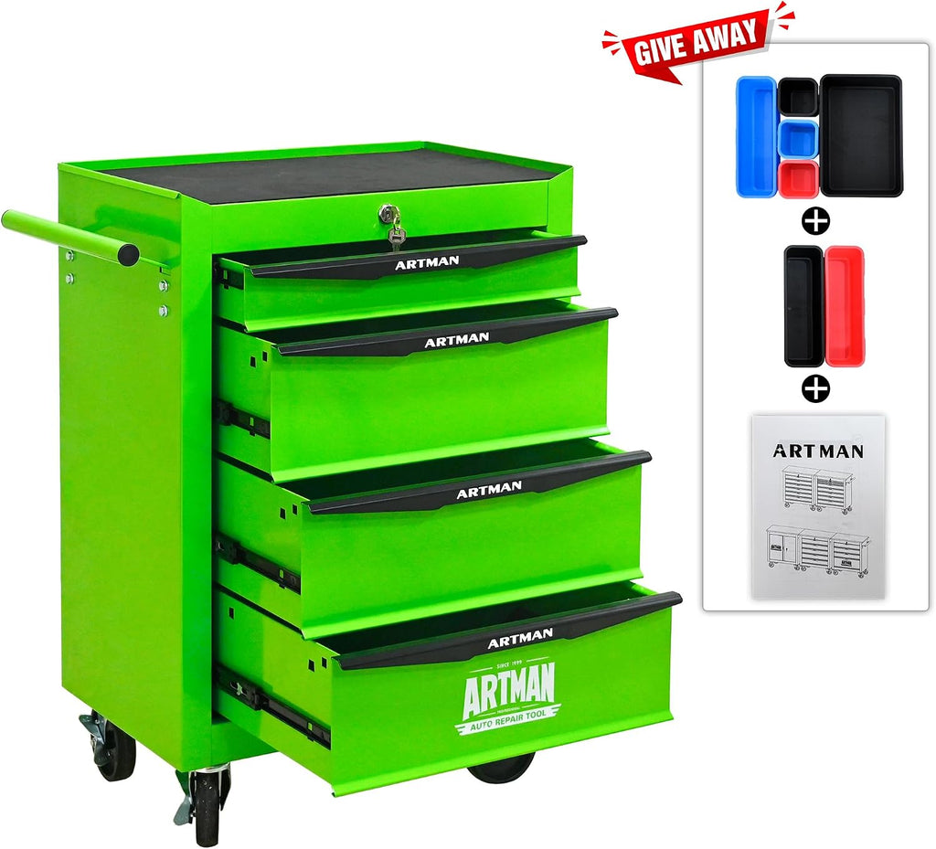 4 Drawers Tool Cart on Wheels, Multifunctional Rolling Tool Chest, Drawers Mobile Trolley Organizer Heavy Duty Tools Box with Locking Wheels & Ball Bearing Drawers (Green, 4 Drawers)