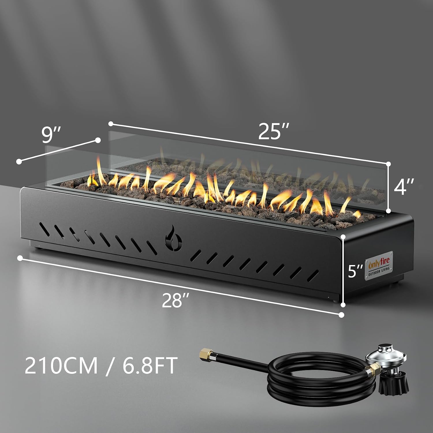 28' Tabletop Propane Gas Fire Pit Side-Mounted with Glass Wind Guard & Lava Rocks, Portable Smokeless Gas Firepit for Patio Backyard Porch Camping Tailgating RV Trip, FP043