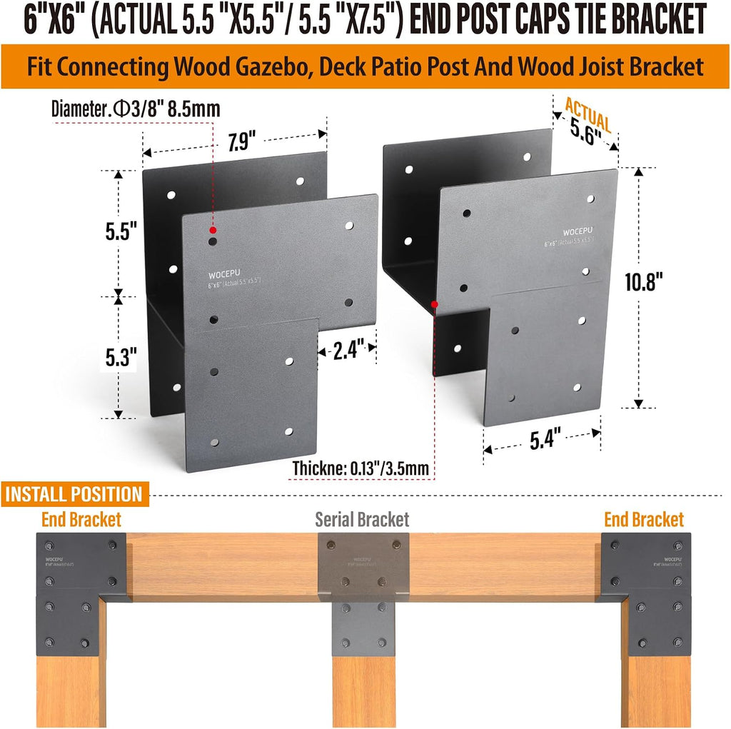 4 Pack Heavy Duty 6x6 (Actual 5.5'x5.5') Stainless Steel End Post Caps Tie Bracket , Fit Connecting Wood Gazebo, Deck Patio Post and Wood Beams Bracket (Dark Ggray)