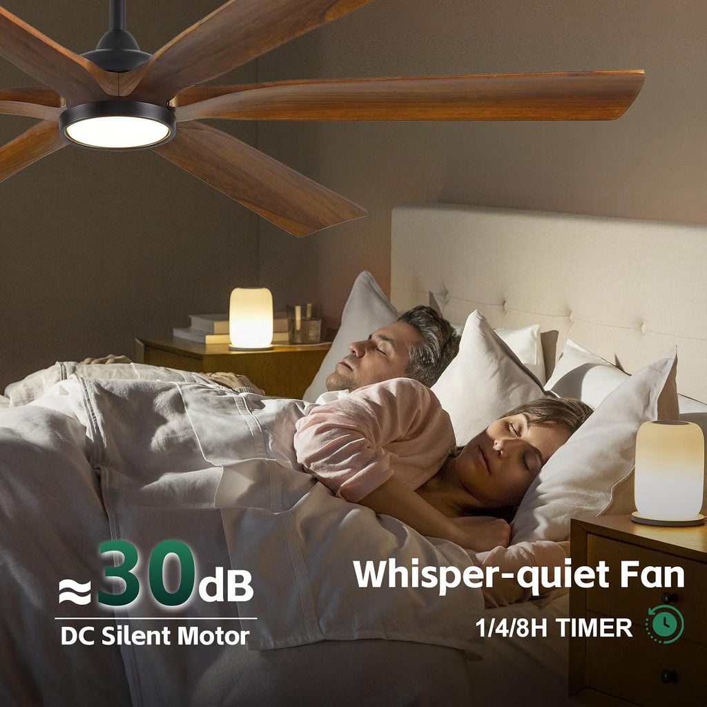 72 Inch Outdoor Ceiling Fan with Light and Remote - Damp Rated for Indoor/Exterior, 6 Brown Wood Blade, Large Airflow Quiet Energy Efficient DC Motor, for Patios Porch Gazebo Garage Farmhouse
