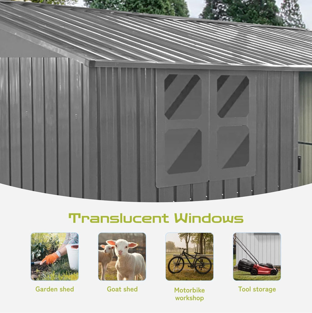 LINKHOO 12'x10' Metal Garden Shed，with Window & Sliding Door，Grey