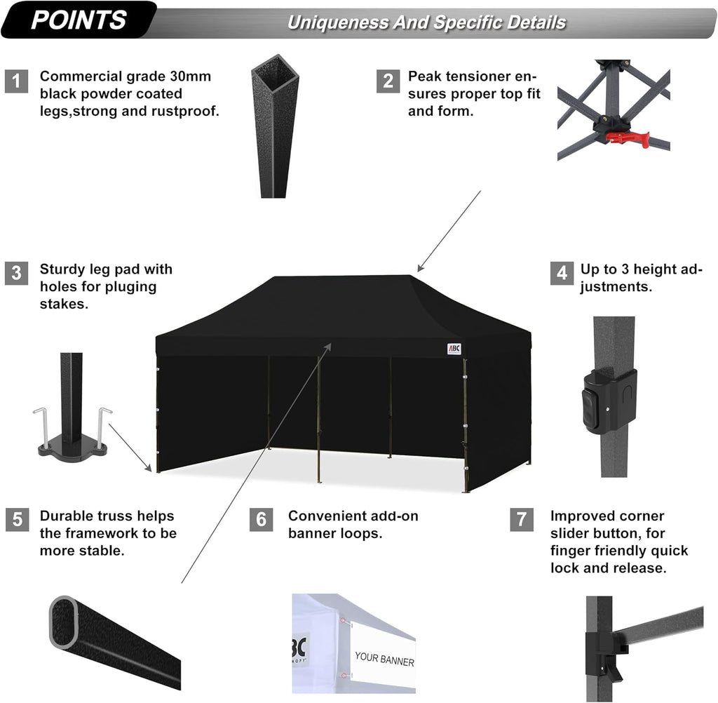 ABCCANOPY Heavy Duty Easy Pop up Canopy Tent with Sidewalls 10x20, Black